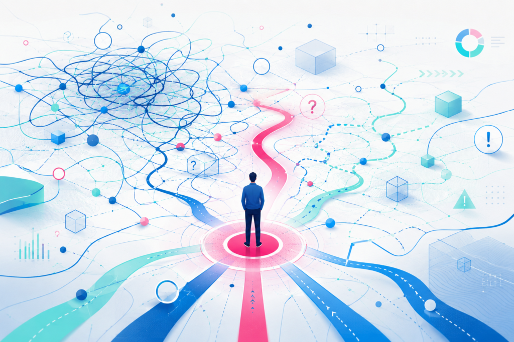 A figure standing at the crossroads of many options. Leadership in complexity requires more than control.