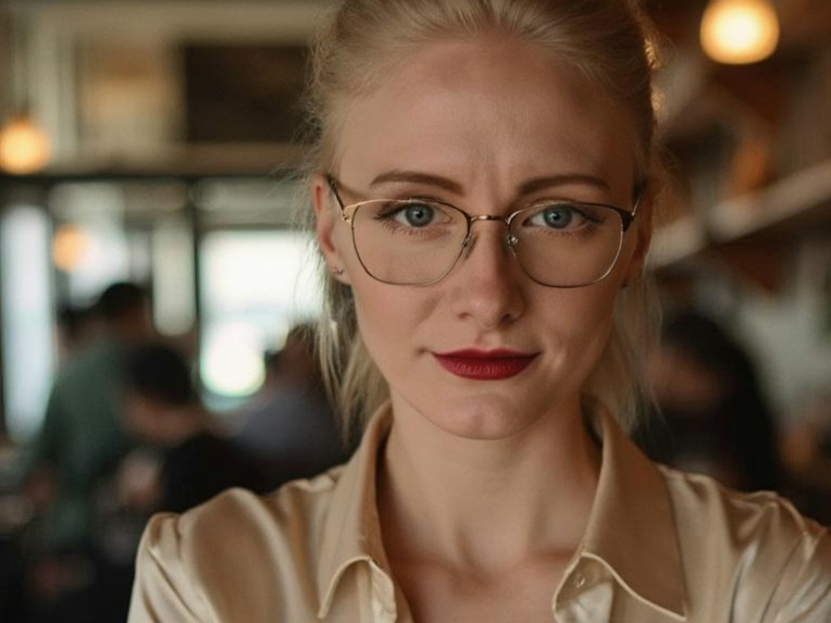 Blonde Frau mit Brille in einem Café, die dir tief in die Augen schaut.