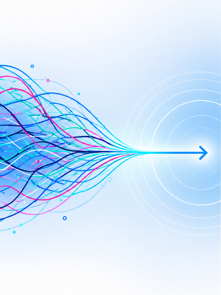Many lines converge to one arrow. Clear Decisions in Organisations: Solving decision-making problems through structured decision-making and documenting team decisions effectively.