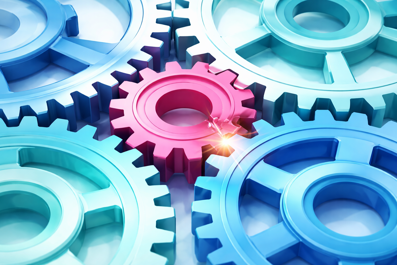 Vier Zahnräder umringen ein Zahnrad in der Mitte. Alles sieht gut und voll aus, aber eigentlich funktioniert gar ncihts mehr. Ineffiziente Prozesse im Unternehmen