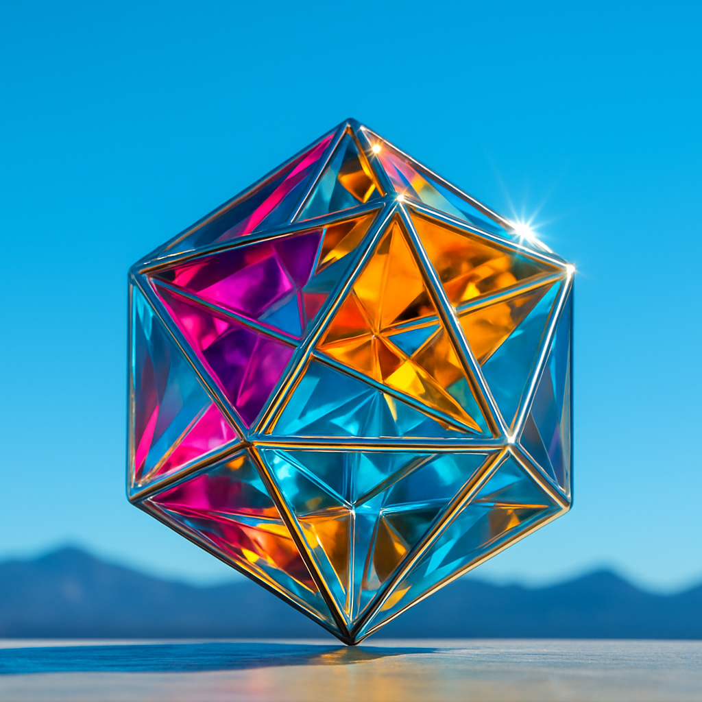 A dice with 20+ sides balancing on its point. It seems to be transparent and colourful, but the light gets refracted. Diversity needs visibility. Mountains in the background.