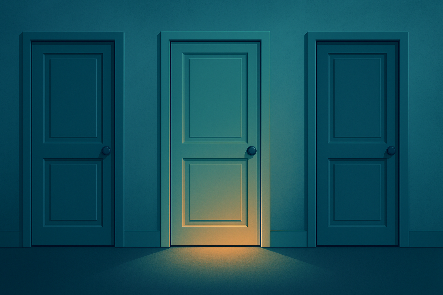 Too Many Interests, No Clear Direction - depected by three doors next to each other where the one in the middle is illuminated from the back.