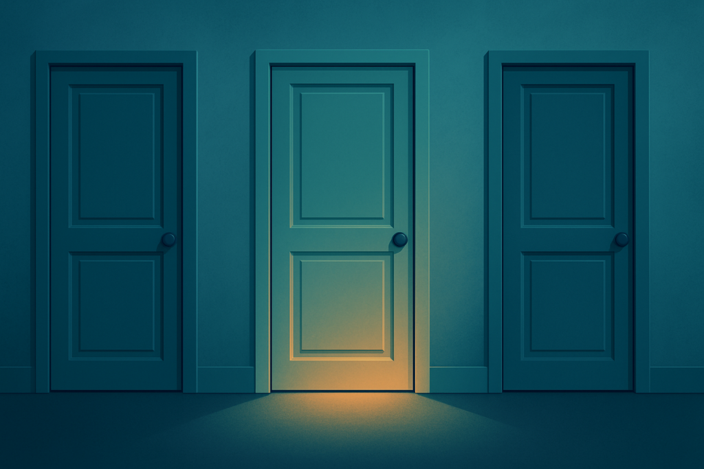 3 geschlossene Türen nebeneinander unter der mittleren scheint Licht hervor. Zu viele Interessen, keine klare Richtung