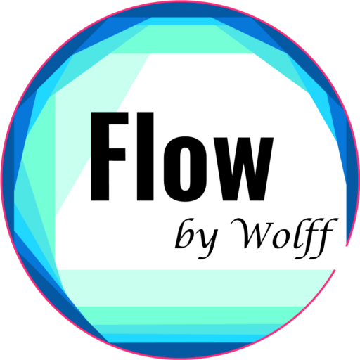 A wave made up from a triangle, rightangle and more forms with ascending number of angles. The last side on the right is always left out. In the middle of the wave Flow by Wolff is written