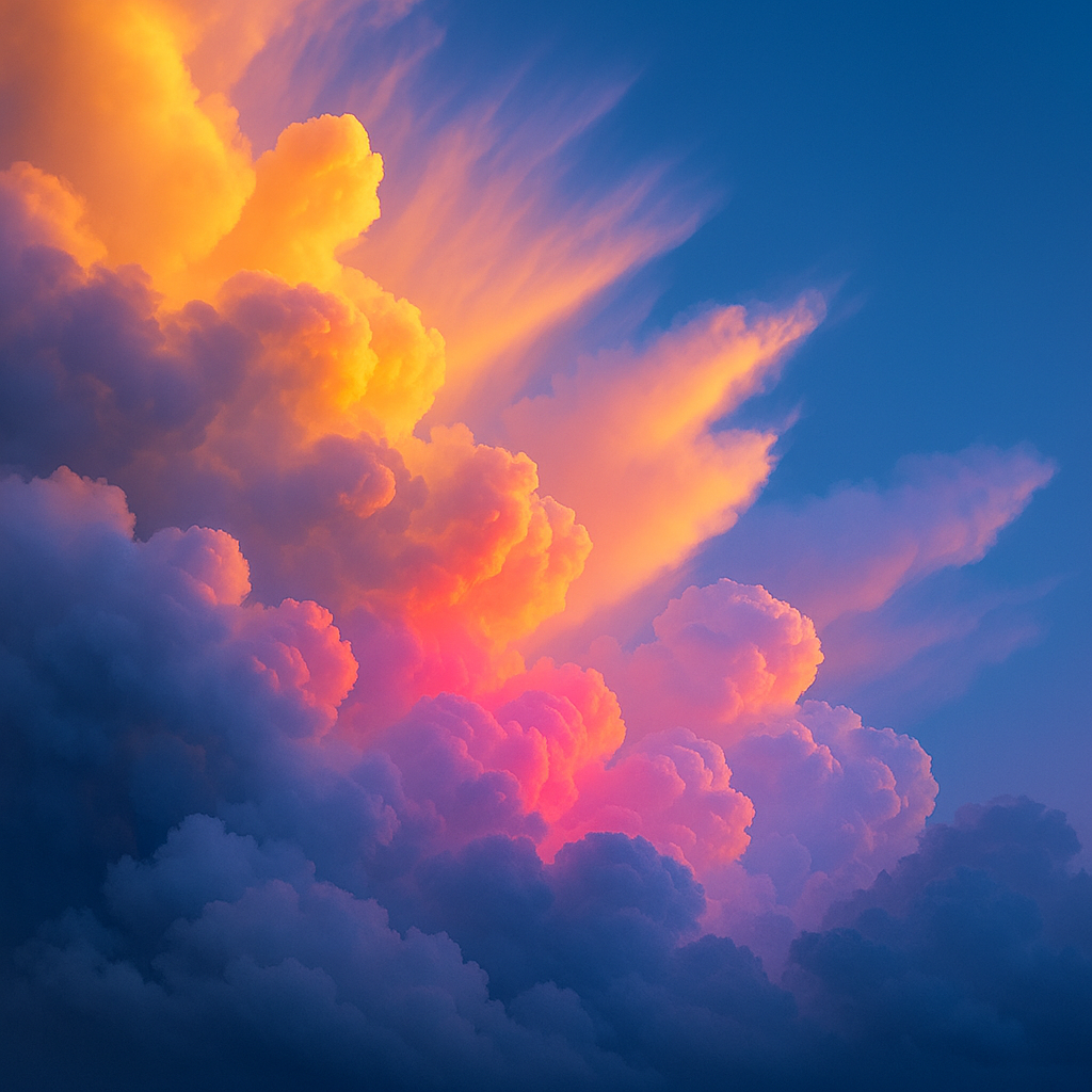 clouds illuminated by golden and pink sunlight, background blue sky